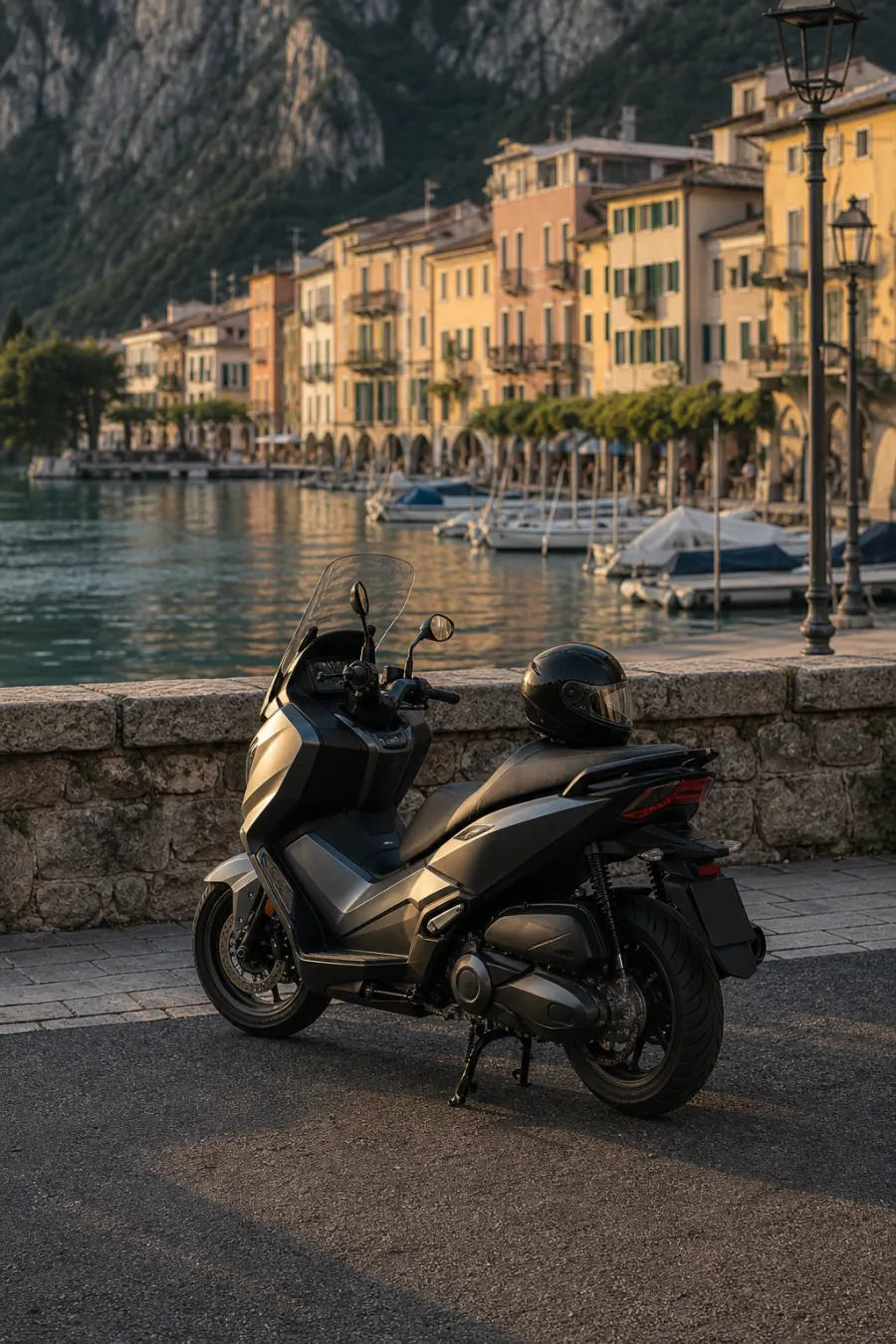 Scooter touring vicino al porto di un borgo sul Lago di Garda
