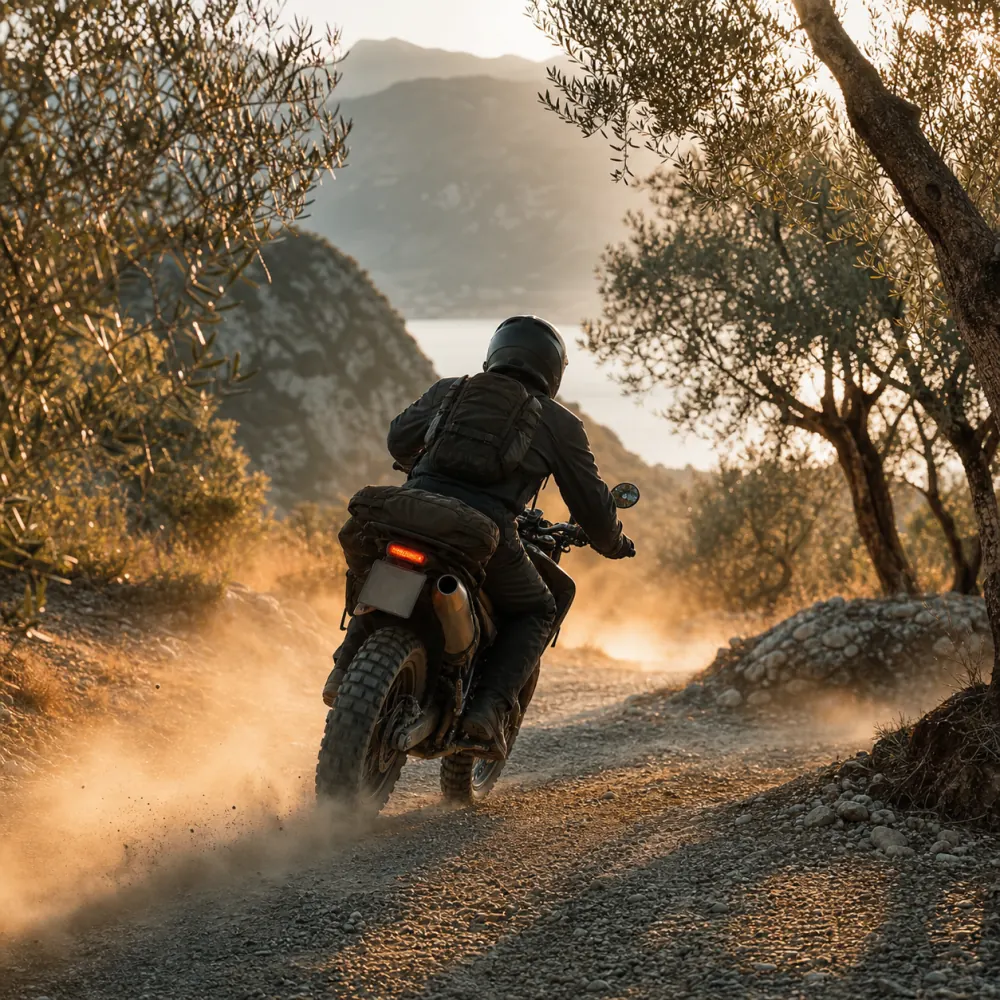 Motociclista su sentiero sterrato tra gli ulivi del Garda