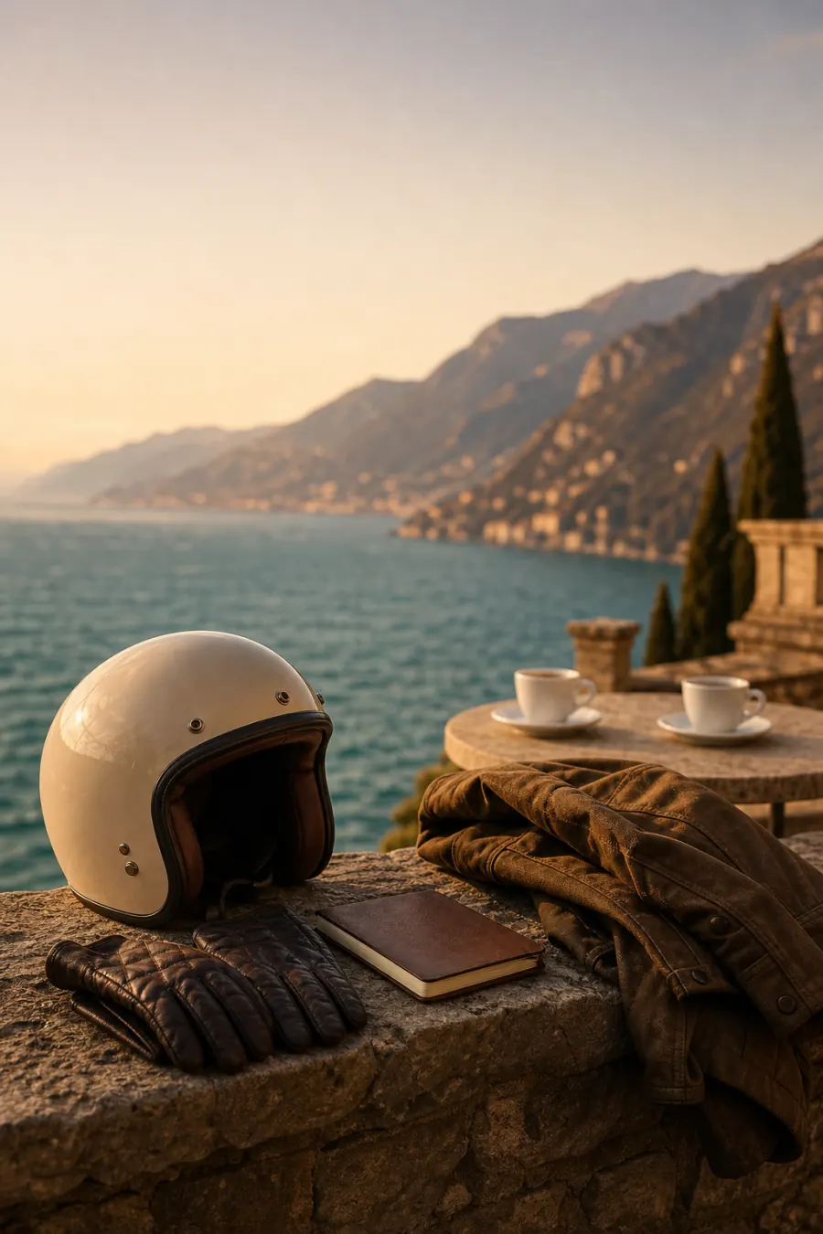 Casco e guanti su una terrazza in pietra affacciata sul Garda